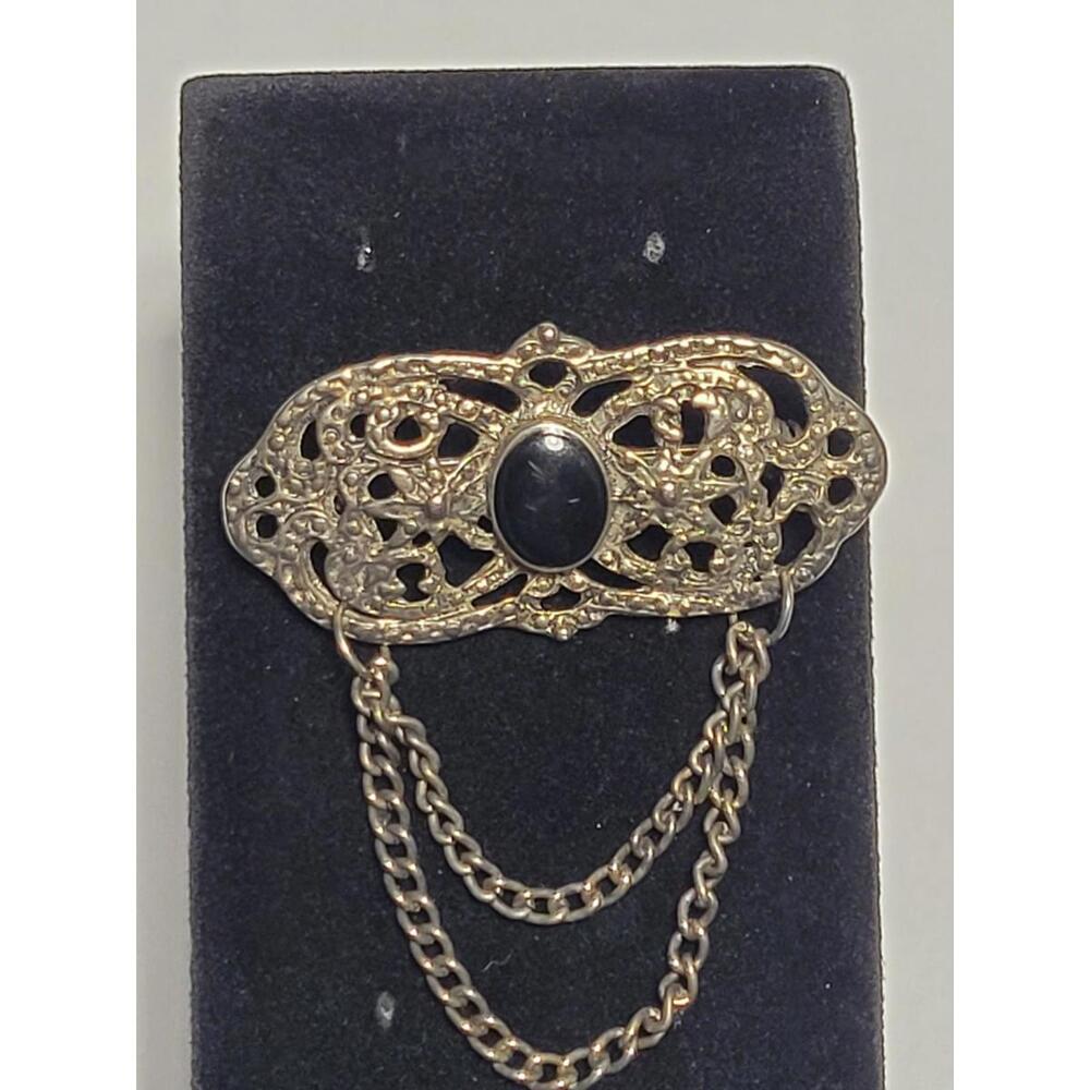 Vintage Style Ornate Metal Brooch Pin Black Agate Onyx Stone Chains Gothic...